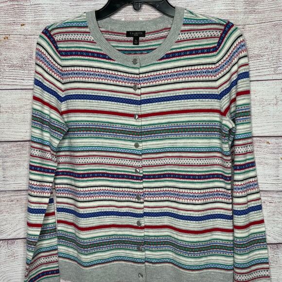 Talbots Fair Isle Lambswool Blend Striped Button Up Cardigan Size Small Petite - Picture 3 of 9